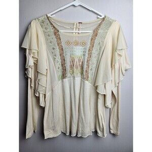 Free People OB651125 La Cienga Embroidered Tiered Ruffle Blouse Almond Sz XS NWT